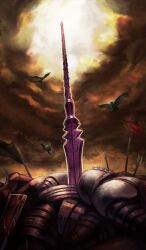 arrow_(projectile) battlefield bird brown_background brown_theme cloud cloudy_sky commentary fate/grand_order fate_(series) flag gae_bolg_(fate) lasengle no_humans official_art orange_sky outdoors outline pile_of_corpses planted polearm sky spear third-party_source weapon weapon_focus white_outline