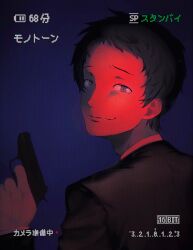 Rule 34 | 1boy, absurdres, adachi tooru, adam&#039;s apple, black background, black hair, blue background, brener, chinese commentary, commentary request, grey eyes, gun, handgun, highres, holding, holding gun, holding weapon, long sleeves, looking at viewer, looking back, male focus, persona, persona 4, red light, scanlines, shirt, short bangs, short hair, smirk, solo, upper body, weapon, white shirt