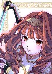 1girl armor breastplate celica_(fire_emblem) choker commentary fingerless_gloves fire_emblem fire_emblem_echoes:_shadows_of_valentia gloves highres holding holding_sword holding_weapon long_hair nintendo princess ramia_(carol_e_ms) red_eyes red_hair smile solo sword tiara weapon