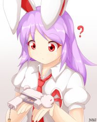 Rule 34 | 1girl, :&lt;, ?, advent cirno, animal ears, carrot, commentary, female focus, gun, handgun, legacy of lunatic kingdom, lunatic gun, necktie, psychopath idiot, puffy short sleeves, puffy sleeves, purple hair, rabbit ears, red eyes, red necktie, reisen udongein inaba, shirt, short sleeves, solo, touhou, weapon