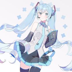 1girl aqua_eyes aqua_hair black_skirt black_sleeves commentary cowboy_shot hatsune_miku headset highres see-through_clothes see-through_sleeves shirt sidelocks skirt sleeveless sleeveless_shirt smile solo twintails vocaloid yuzuki_(yuzuplanet)
