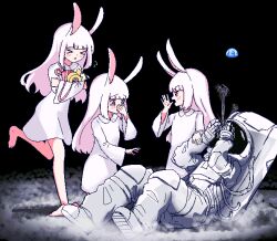 &gt;_&lt; 1other 3girls animal_ears astronaut barefoot blunt_bangs broken_glass chibikki crack cracked_glass crying crying_with_eyes_open dot_nose dress earth_(planet) glass hand_to_own_mouth helmet highres holding kneeling long_hair long_sleeves moon moon_rabbit multiple_girls on_moon open_mouth original panicking pixel_art planet rabbit_ears rabbit_girl red_eyes running scissors sitting space space_helmet spacesuit standing tape tears white_dress white_hair wide_sleeves