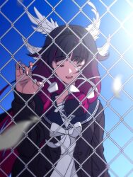 1girl black_hair black_sailor_collar black_serafuku blue_sky chain-link_fence closed_eyes columbina_(genshin_impact) feathered_wings fence genshin_impact head_wings highres imtmcomics long_hair multicolored_hair neckerchief open_mouth pink_hair sailor_collar school_uniform serafuku sky solo sun two-tone_hair upper_body white_neckerchief white_wings wings