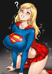 1girl ? arm_support blonde_hair blue_eyes blue_shirt blush breasts cape clenched_teeth covered_erect_nipples crop_top dc_comics defeat female_focus hadant huge_breasts kneeling long_hair narrow_waist paid_reward_available red_cape red_skirt shirt skirt solo supergirl teeth trembling