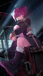 1girl ahoge belt black_boots black_shirt black_skirt boots brown_belt collared_shirt double-parted_bangs drill_hair hair_between_eyes hashtag-only_commentary holding holding_walkie-talkie indoors kasane_teto kasane_teto_(voicepeak) kneehighs leaning_on_object long_sleeves looking_at_viewer michihirogswr midriff_peek miniskirt moonlight pink_belt pleated_skirt red_eyes red_hair shirt sitting skirt smile socks solo sound_wave twin_drills utau voicepeak walkie-talkie white_socks window wing_collar