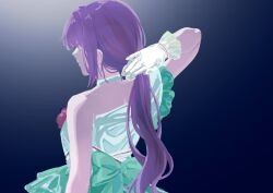 1girl arm_up back_bow blue_choker blue_dress bow choker closed_mouth commentary dress frilled_dress frilled_gloves frills from_behind gloves green_bow green_eyes hashtag-only_commentary highres holding holding_own_hair link!_like!_love_live! long_hair love_live! nna_saku24820 no_lineart official_alternate_costume otomune_kozue purple_hair sidelocks single-shoulder_dress single_bare_shoulder solo virtual_youtuber white_gloves yume_wazurai