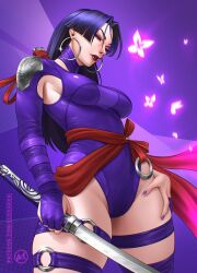 Rule 34 | 1girl, black hair, breasts, highleg, highleg leotard, highres, holding, holding sword, holding weapon, leotard, long hair, marvel, marvel rivals, nail polish, psylocke, psylocke (vengeance), purple eyes, sash, solo, suddakka, sword, thighhighs, weapon, x-men
