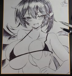 1girl 1other :d art_tools_in_frame bikini blush breasts dated grabbing_another&#039;s_breast greyscale groping guided_breast_grab guiding_hand highres houjuu_nue large_breasts looking_at_viewer micro_bikini monochrome nuekane open_mouth pointy_ears shikishi short_hair signature simple_background smile solo_focus swimsuit touhou upper_body