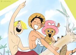 Rule 34 | 3boys, ^ ^, antlers, black hair, blonde hair, blue shorts, cesel, closed eyes, commentary, cross, curly eyebrows, hair over one eye, hat, horns, male focus, monkey d. luffy, multiple boys, one piece, photo (object), reindeer antlers, sanji (one piece), scar, scar on face, short hair, shorts, sitting, straw hat, tony tony chopper, topless male