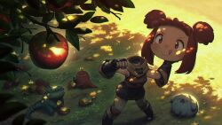 1girl :q absurdres animal apple black_gloves brown_hair clenched_hand commentary day disembodied_head double_bun dullahan english_commentary enne_(porforever) fingerless_gloves food fruit gloves grass hair_bun highres holding_detached_head mundane_utility nature original outdoors pants porforever red_eyes short_hair smile solo throwing tongue tongue_out tree