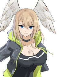 1girl black_bodysuit black_choker black_jacket blue_eyes bodysuit breast_tattoo breasts brown_hair choker cleavage eunie_(xenoblade) fukai_asase head_wings highres hood jacket large_breasts long_hair looking_at_viewer medium_hair open_clothes simple_background smile solo tattoo white_wings wings xenoblade_chronicles_(series) xenoblade_chronicles_3