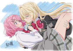 2girls :o amaori_renako artist_name blonde_hair braid carrying eye_contact hair_ornament ishii_hisao long_hair looking_at_another multiple_girls ouzuka_mai pink_hair princess_carry school_uniform short_hair smile watashi_ga_koibito_ni_nareru_wake_naijan_murimuri!