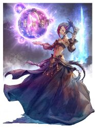 1girl armlet astrologian_(final_fantasy) au_ra black_hair black_skirt braid card commentary detached_sleeves dragon_girl dragon_horns dragon_tail english_commentary final_fantasy final_fantasy_xiv floating_card from_side full_body highres holding holding_card horns jewelry long_skirt medium_hair navel ponytail scales shukei side_braid skirt smile solo standing strapless tail tube_top warrior_of_light_(ff14)