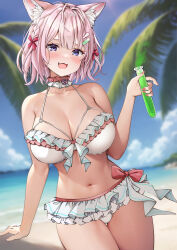 absurdres animal_cutout arm_cutout bikini bikini_skirt blush breasts choker flower_choker flower_collar frilled_choker frills hair_ornament hakui_koyori hakui_koyori_(summer) heart_bikini highres hololive large_breasts navel open_mouth otokucha pink_choker pink_hair purple_eyes short_hair swimsuit two-tone_choker virtual_youtuber white_choker wolf_girl