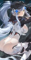 1girl absurdres ass black_hat blue_hair breasts girls&#039;_frontline girls&#039;_frontline_2:_exilium green_eyes gun hair_ornament hairclip hat highres hk416_(girls&#039;_frontline) klukai_(girls&#039;_frontline_2) klukai_(speed_star)_(girls&#039;_frontline_2) large_breasts light_blue_hair long_hair looking_at_viewer looking_back motor_vehicle motorcycle on_motorcycle ponytail ramuri sidelocks tattoo teardrop_tattoo thigh_strap weapon