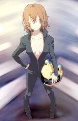 Rule 34 | 1girl, biker clothes, bikesuit, black bodysuit, bodysuit, breasts, brown hair, celty sturluson, closed eyes, closed mouth, collarbone, durarara!!, facing viewer, full body, hand on own hip, helmet, holding, holding helmet, medium breasts, nametake (kumas869), partially unzipped, popped collar, short hair, smile, solo, standing, zipper pull tab