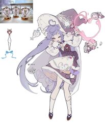 &gt;_&lt; 1girl 2boys ankle_socks antenna_hair apron arin_(fanfan013) belt belt_bag black_bow black_footwear black_shirt bottle bow braid brown_bag brown_belt brown_dress bud buttons reference_sheet cherry_blossoms chibi chinese_commentary commentary_request cross-laced_footwear dress dress_bow eyelashes flower flower_wand frilled_sleeves frills full_body hair_flower hair_ornament hat hat_flower hat_ornament heart heart_antenna_hair heart_hat_ornament heart_print highres holding holding_bottle holding_wand knees leaf long_hair long_sleeves looking_at_another love_potion low_twintails lower_teeth_only multiple_boys old old_man one_eye_closed open_mouth original personification petticoat pink_eyes pink_flower pink_hair pointy_ears puffy_long_sleeves puffy_sleeves purple_bow purple_hair purple_hat rubbing_eyes shirt shoes short_dress simple_background single_braid sleeveless sleeveless_dress socks solo_focus teeth twintails twitter_username v-neck vertical-striped_sleeves very_long_hair vial waist_apron wand wavy_mouth white_apron white_background white_bow white_hair white_shirt white_sleeves white_socks witch_hat