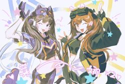 2girls animal_ears arm_up brown_eyes brown_hair cat_ears character_request check_character crop_top crossover drawn_whiskers duel_monster eyewear_on_head fake_tail fingerless_gloves girls&#039;_frontline gloves hand_up highres i:p_masquerena jacket jibao long_hair midriff multiple_girls one_eye_closed open_clothes open_jacket pants roller_skates scar scar_across_eye scar_on_face short_sleeves skates sketch skirt stomach tail tongue tongue_out twintails ump9_(girls&#039;_frontline) ump9_(mod3)_(girls&#039;_frontline) yu-gi-oh!