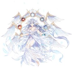 1girl bare_shoulders barefoot blue_eyes blue_hair braid date_a_live date_a_live:_spirit_pledge dress flower full_body hair_between_eyes hair_flower hair_ornament highres leaf long_hair non-web_source outstretched_hand see-through_clothes see-through_dress smile solo stuffed_animal stuffed_toy takamiya_mio teddy_bear white_dress