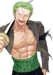 1boy abs absurdres bare_pectorals black_pants closed_eyes collarbone cowboy_shot earrings grey_hair grey_shirt haramaki highres holding holding_sword holding_weapon jewelry katana male_focus muscular muscular_male nine_hundred one_piece open_clothes open_mouth open_shirt pants pectorals print_shirt roronoa_zoro scar scar_on_chest shirt short_hair simple_background solo sword teeth tongue upper_teeth_only very_short_hair weapon white_background