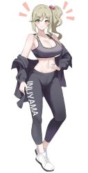 1girl absurdres black_jacket black_pants black_sports_bra breasts brown_hair cleavage commentary_request commission full_body green_eyes highres inuyama_aoi jacket korean_commentary kurochomo large_breasts medium_hair navel pants shoes side_ponytail smile solo sports_bra stomach thick_eyebrows white_background white_shoes yoga_pants yurucamp