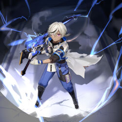 1boy absurdres arlan_(honkai:_star_rail) black_hair black_shirt blue_pants closed_mouth commentary_request electricity full_body gloves grey_hair hair_over_one_eye highres holding holding_weapon honkai:_star_rail honkai_(series) jacket long_sleeves male_focus minonext multicolored_hair pants puffy_long_sleeves puffy_sleeves purple_eyes shirt solo standing streaked_hair weapon white_gloves white_jacket
