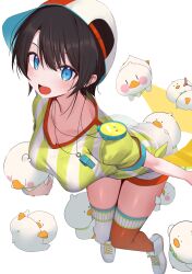 1girl :d absurdres aqua_eyes ass asymmetrical_legwear baseball_cap black_hair blue_eyes breasts full_body hat highres hololive large_breasts looking_at_viewer mikaku mismatched_legwear oozora_subaru oozora_subaru_(1st_costume) open_mouth red_hat red_thighhighs shirt shoes short_hair short_shorts short_sleeves shorts simple_background smile sneakers solo stopwatch striped_clothes striped_shirt swept_bangs t-shirt thighhighs tied_shirt two-tone_headwear two-tone_shirt vertical-striped_clothes vertical-striped_shirt virtual_youtuber watch whistle white_background white_hat white_shirt white_shoes white_shorts white_thighhighs yellow_shirt