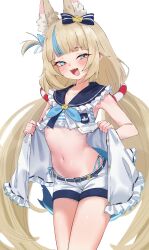 1girl :d absurdres animal_ear_fluff animal_ears blonde_hair blue_bow blue_eyes blue_hair blush bow cat_ears ear_bow fins fish_tail highres indie_virtual_youtuber lifting_own_clothes long_hair looking_at_viewer low_twintails midriff multicolored_hair navel open_mouth rnekon215 sameko_saba simple_background smile solo stomach streaked_hair tail twintails very_long_hair white_background
