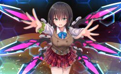 1girl absurdres aoi_erika artificial_wings black_hair bow bracelet breasts green_eyes hair_ornament heaven_burns_red highres jewelry leaf_bracelet long_sleeves plaid_clothes plaid_skirt red_skirt rrtp shirt short_hair skirt solo vest white_shirt