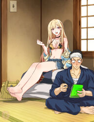 absurdres bad_tag bare_legs barefoot bikini black_bikini black_choker choker crossed_ankles crossed_legs dress ear_piercing feet floral_print gojou_wakana gyaru highres kitagawa_marin legs piercing pink_nails print_bikini soles sono_bisque_doll_wa_koi_wo_suru swimsuit tatami