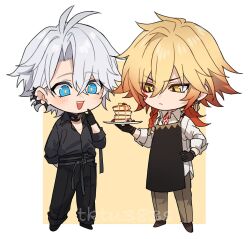 2boys apron black_apron black_gloves black_pants black_shirt blue_eyes braid brown_pants closed_mouth food full_body gloves gradient_hair grey_hair honkai:_star_rail honkai_(series) male_focus medium_hair multicolored_hair multiple_boys mydei_(honkai:_star_rail) open_mouth orange_hair pancake pancake_stack pants phainon_(fashion)_(honkai:_star_rail) phainon_(honkai:_star_rail) red_tattoo shirt short_hair smile teeth tofu_(bean359) upper_teeth_only white_shirt yellow_eyes yellow_pupils