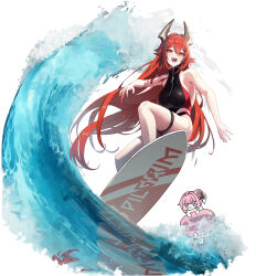 1girl absurdres bare_arms bare_shoulders blush breasts commentary_request crying doro_(nikke) floating_hair goddess_of_victory:_nikke hair_between_eyes hair_intakes hallo_(rltkdydrltk) highres horns innertube korean_commentary large_breasts long_hair mechanical_horns open_mouth red_hair red_hood_(nikke) reflection reflective_water smile streaming_tears surfboard surfing swim_ring swimsuit tears thigh_strap very_long_hair water waves white_background yellow_eyes zipper_pull_tab