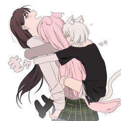 3girls animal_ears bang_dream! bang_dream!_it&#039;s_mygo!!!!! black_shirt blush brown_hair cat_ears chihaya_anon closed_eyes dog_ears hanasakigawa_school_uniform haneoka_school_uniform highres hug long_hair long_sleeves multiple_girls open_mouth pink_hair pleated_skirt reiboubyou school_uniform shiina_taki shirt shoes short_hair shorts simple_background skirt tail tail_wagging white_background white_hair yahata_umiri