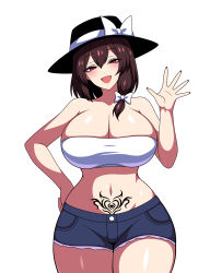 1girl absurdres bow breasts brown_hair collarbone corruption dark_persona fedora hat hat_bow highres huge_breasts looking_at_viewer pubic_tattoo red_eyes ribbon short_hair shorts side_ponytail simple_background smile solo ssaf_seibeupail strapless tattoo thick_thighs thighs touhou tube_top usami_renko white_background white_bow white_tube_top wide_hips