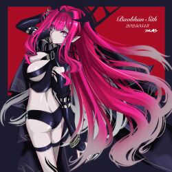 1girl absurdres ass baobhan_sith_(fate) baobhan_sith_(second_ascension)_(fate) bare_shoulders black_panties bracelet breasts bridal_gauntlets butt_crack character_name detached_sleeves earrings fate/grand_order fate_(series) grey_eyes highres jewelry large_breasts long_hair looking_at_viewer looking_back panties pink_hair pointy_ears revealing_clothes sidelocks solo spiked_bracelet spikes thigh_strap thighs tiara tsukaasa underwear veil very_long_hair