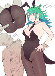 1girl animal_ears aqua_hair artist_logo ass bare_shoulders between_breasts black_leotard black_necktie blood breasts brown_pantyhose bruise clothes_grab collar cowboy_shot detached_collar eyelashes facial_mark fake_animal_ears fake_tail fat_mons from_below genderswap genderswap_(mtf) green_eyes green_hair hand_on_own_hip highleg highleg_leotard highres holding holding_phone injury jujutsu_kaisen kashimo_hajime large_breasts leotard lifting_person logo long_hair multiple_views necktie necktie_between_breasts nosebleed pantyhose parted_lips phone playboy_bunny rabbit_ears rabbit_tail shirt shirt_grab skin_tight strapless strapless_leotard sweat t-shirt tail takeshi_(user_vnzt5773) white_collar wing_collar wrist_cuffs