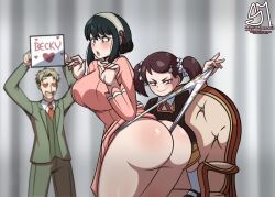 1boy 2girls ass assertive_female becky_blackbell black_hair blonde_hair brown_hair butt_crack chair formal_clothes heart heart-shaped_eyes highres huge_ass indoors loli long_hair multiple_girls necktie panties print_panties red_necktie semi_draws short_hair short_twintails sign skirt spy_x_family suit twilight_(spy_x_family) twintails underwear watermark wedgie yor_briar