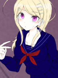 Rule 34 | 1girl, ahoge, akamatsu kaede, arm at side, artist collaboration, artist request, blonde hair, blue sailor collar, blue serafuku, blue shirt, breasts, brown background, commentary request, danganronpa (series), danganronpa v3: killing harmony, from above, hair ornament, hairclip, hand up, large breasts, light blush, long hair, long sidelocks, long sleeves, looking up, mika20021127, neckerchief, parallel hairclips, parted bangs, parted lips, purple eyes, raised eyebrows, red neckerchief, sailor collar, sailor shirt, school uniform, serafuku, shirt, side ahoge, sidelocks, simple background, solo, sweatdrop, upper body, upturned eyes, winter uniform