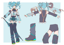 1girl absurdres aqua_background aqua_eyes aqua_hair aqua_nails asymmetrical_sleeves boots border braid braided_bun detached_collar detached_leggings detached_sleeves double_bun earrings facial_mark from_behind full_body hair_bun hatsune_miku highres jewelry multiple_views see-through_clothes see-through_skirt see-through_sleeves skirt sleeveless solo standing strap_slip striped_sleeves suspenders umbrella vocaloid white_border y-back_suspenders zephda