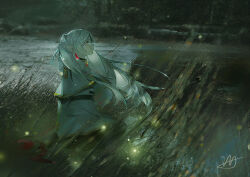 1girl absurdres capelet closed_mouth commentary_request earrings elf expressionless field floating_earrings floating_hair frieren glowing glowing_eyes gold_trim grass grey_hair highres jacket jewelry lengmoart long_hair mage_staff nature night outdoors pointy_ears shirt signature sitting skirt solo sousou_no_frieren striped_clothes striped_shirt teardrop_earrings twintails watermark white_capelet white_jacket white_skirt