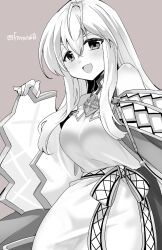 1girl bare_shoulders breasts circlet dress fire_emblem fire_emblem:_genealogy_of_the_holy_war happy julia_(fire_emblem) large_breasts long_hair looking_at_viewer monochrome nintendo open_mouth sash simple_background solo tight_clothes tight_dress wide_sleeves yukia_(firstaid0)