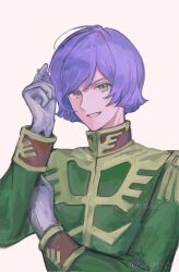 Rule 34 | 1boy, artist name, epaulettes, garma zabi, gloves, green eyes, green jacket, gundam, hand in own hair, hand on own arm, hand up, high collar, highres, jacket, long sleeves, looking at viewer, male focus, mobile suit gundam, open mouth, playing with own hair, purple hair, sas99009, short hair, signature, simple background, sleeve cuffs, smile, solo, twirling hair, twitter username, upper body, watermark, white gloves