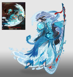 black_hair blue_dress blue_eyes blue_pants blue_shoes closed_mouth dress e.g.o_(project_moon) flaw_eight full_body game_screenshot_inset guan_dao holding holding_orb holding_polearm holding_weapon hong_lu_(project_moon) limbus_company long_hair long_sleeves pants peccatulum_morositatis_class_3 polearm project_moon shoes sidelocks simple_background veil very_long_hair water weapon white_background