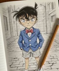 1boy edogawa_conan glasses highres long_sleeves meitantei_conan partially_colored pencil shorts sketch standing the_conanner