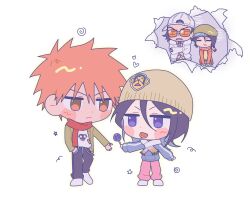 &gt;:( 1girl 3boys =_= alternate_costume beanie black_hair black_pants bleach blue_jacket blush_stickers brown_eyes candy chibi chibi_only closed_mouth commentary flipped_hair food food_in_mouth full_body gwao_(_ul_13) hair_between_eyes hat highres holding holding_candy holding_food holding_lollipop jacket jitome korean_commentary kuchiki_rukia kurosaki_ichigo lollipop looking_at_another medium_hair multiple_boys orange_hair pants pink_pants purple_eyes reaching red_scarf scarf shiba_ganju short_hair simple_background spiked_hair standing sunglasses v-shaped_eyebrows white_background white_scarf winter_clothes yamada_hanatarou
