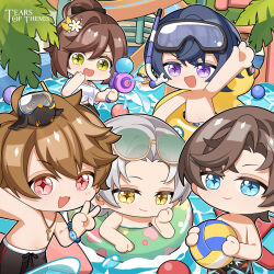 +_+ 1girl 4boys :d animal arm_up artem_wing_(tears_of_themis) ball bird black_bow black_hair black_male_swimwear blue_eyes bow brown-framed_eyewear brown_hair chibi closed_mouth commentary copyright_name diving_mask diving_mask_on_head english_commentary eyewear_on_head fang glasses goggles goggles_on_head grey_hair hair_bow hair_bun holding holding_ball innertube luke_pearce_(tears_of_themis) male_swimwear marius_von_hagen_(tears_of_themis) multiple_boys navel official_art open_mouth pink_eyes purple_eyes rosa_(tears_of_themis) semi-rimless_eyewear smile snorkel swim_ring swim_trunks tears_of_themis topless_male under-rim_eyewear v-shaped_eyebrows volleyball_(object) vyn_richter_(tears_of_themis) water water_gun yellow_eyes