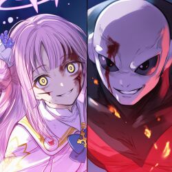 1boy 1girl bad_tag bald black_eyes black_sclera blood blood_on_face blue_archive breasts capelet colored_sclera crazy_eyes crazy_smile crossover dragon_ball dragon_ball_super dress female fighting flower grin hair_bun hair_flower hair_ornament halo injury jiren large_breasts long_hair looking_at_viewer male mika_(blue_archive) muscular pink_hair single_side_bun smile teeth upper_body white_capelet white_dress wings yellow_eyes