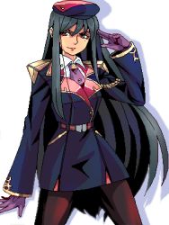 1girl aiguillette black_hair female_focus gloves long_hair lowres military military_uniform original pantyhose punpun solo