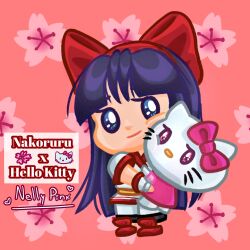 2girls ainu_clothes artist_name cherry_blossom_print chibi crossover fingerless_gloves floral_print gloves hair_ribbon hello_kitty hello_kitty_(character) highres hug legs long_hair multiple_girls nakoruru pants purple_eyes purple_hair ribbon samurai_spirits sanrio smile snk the_king_of_fighters thighs very_long_hair