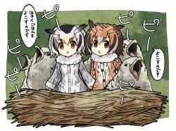 &gt;:o 10s 2girls :o bird black_hair blonde_hair brown_coat brown_eyes brown_hair coat eurasian_eagle_owl_(kemono_friends) fur_collar head_wings kemono_friends long_sleeves meis_(terameisu) mini_person minigirl multicolored_hair multiple_girls nest northern_white-faced_owl_(kemono_friends) short_hair v-shaped_eyebrows white_coat white_hair wings